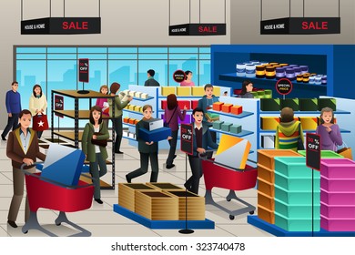 A vector illustration of people shopping on black friday in a store