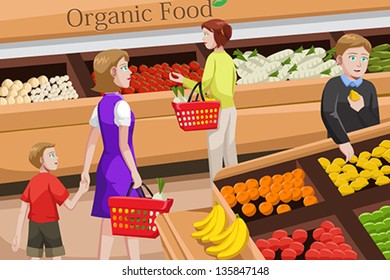 A vector illustration of people shopping at an organic food aisle in a grocery store