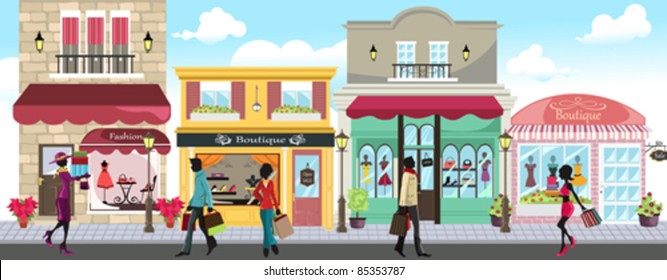 A vector illustration of people shopping in an outdoor shopping mall