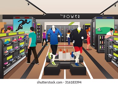 A Vector Illustration Of People Shopping For Shoes In A Sporting Store