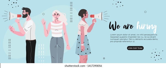 Vector Illustration Of People Shouting In Loud Speaker And Recruiting New Employees, Workers. We Are Hiring Or Job Recruitment Banner, Poster, Flyer Or Landing Page Concept For Ui, Web Or Mobile App.