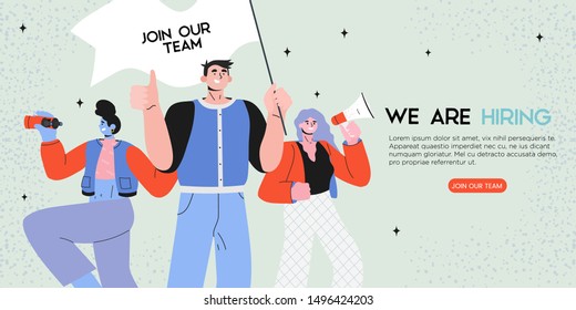 Vector illustration of people shouting in loud speaker and recruiting new employees, workers. We are hiring or job recruitment banner, poster, flyer or landing page concept for ui, web or mobile app.