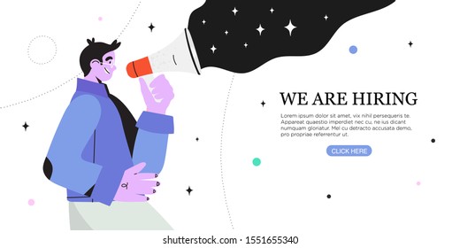 Vector illustration of people shouting in loud speaker and recruiting new employees, workers. We are hiring or job recruitment banner, poster, flyer or landing page concept for ui, web or mobile app.
