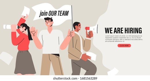 Vector illustration of people shouting in loud speaker and recruiting new employees, workers. We are hiring or job recruitment banner, poster, flyer or landing page concept for ui, web or mobile app.