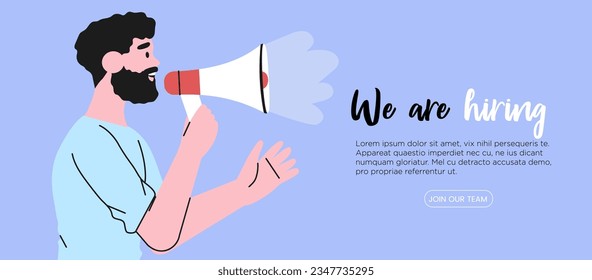 Vektorgrafik von Leuten, die laut Redner schreien und neue Mitarbeiter, Arbeiter einstellen. Wir beschäftigen uns mit der Einstellung oder Einstellung von Bannern, Poster, Flyer oder Landing Page für i, web oder mobile App.