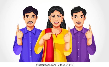 Vector illustration of people showing their ink-mark fingers after casting a vote in the election. Concept of Indian election