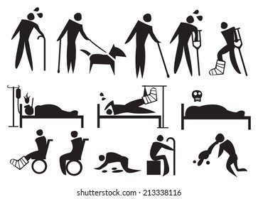 Vector illustration of people with sickness, disabilities and suffering. Conceptual icon set.