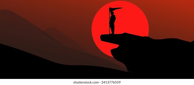 Vector illustration, people with silhouette concept carrying a flag to the top of a mountain, suitable for backgrounds, banners and posters, vector