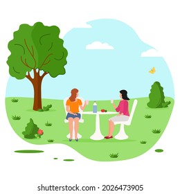 Ilustración vectorial La gente se sienta, se relaja en la naturaleza. Concepto de estilo de vida de viajes. Vacaciones veraniegas al aire libre. Diseño para impresión.