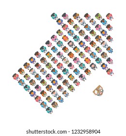 Vector illustration. People sit in the shape of an arrow. Top view. People, men, women sit in chairs in the audience. View from above.
