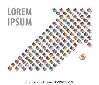 Vector illustration. People sit in the shape of an arrow. Top view. People, men, women sit in chairs in the audience. View from above.