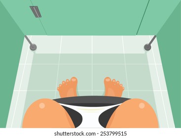 vector illustration of people sitting in bathroom,  top view , pooping,  diarrhea