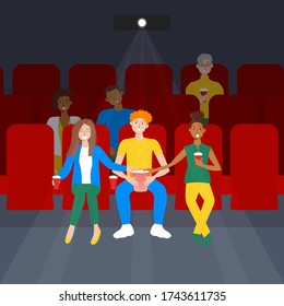 Vector illustration of people sitting in cinema on social distance after quarantine. Funny polyamorous people, african couple and elderly woman watching a movie. Front view. Cartoon flat design