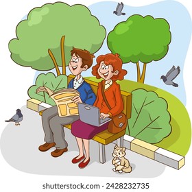 vector illustration of people sitting on bench