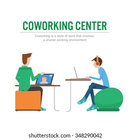ilustración vectorial de las personas sentadas en el balón de fitness, hacer videollamadas, relajar, trabajar, el concepto de centro de trabajo compartido, aislado en fondo blanco