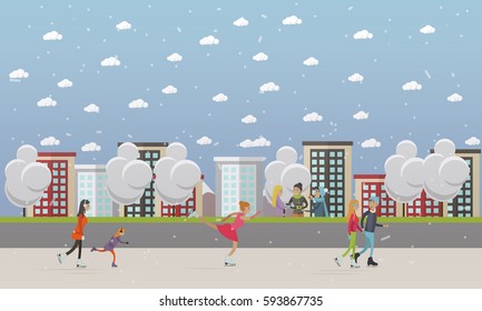 Vector illustration of people skating at ice rink. Cartoon characters, cityscape. Winter sports and activities concept design element in flat style.
