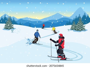 Vector illustration people in ski suits are skiing from the mountain. Winter recreation and sports. Active lifestyle. Extreme sports.