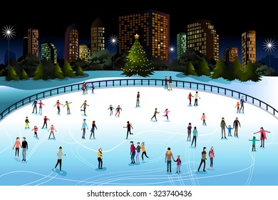 A vector illustration of people skiing outdoor in the city