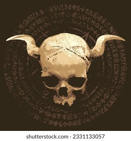 Vector illustration with people skull with horns, pentagram, occult and witchcraft signs in grunge style. The symbol of Satanism Baphomet and magic runes written in a circle.