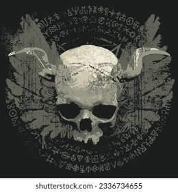 Vector illustration with people skull with horns, birds wings, pentagram, occult and witchcraft signs in grunge style. The symbol of Satanism Baphomet and magic runes written in a circle.