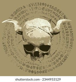 Vector illustration with people skull with horns, pentagram, occult and witchcraft signs in grunge style. The symbol of Satanism Baphomet and magic runes written in a circle.