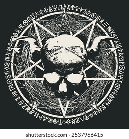 Ilustração vetorial com crânio de pessoas com chifres, pentagrama, sinais ocultos e feitiçaria em estilo grunge. O símbolo do Satanismo Baphomet e runas mágicas escritas em círculo.