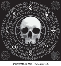 Vector illustration with people skull, pentagram, occult and witchcraft signs. The symbol of Satanism Baphomet and magic runes written in a circle.