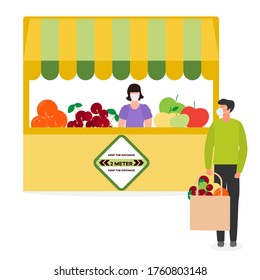 Vector illustration People Social distancing Market Selling vegetables, fruits, berries keep social distance New normal concept and physical distancing New behavior after COVID-19 coronavirus pandemic
