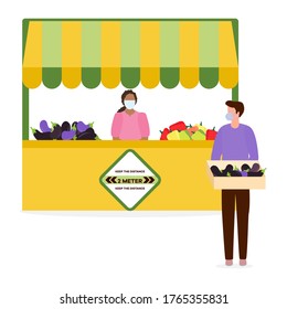 Vector illustration People Social distancing Market Selling vegetables, fruits, berries keep social distance New normal concept and physical distancing New behavior after COVID-19 coronavirus pandemic