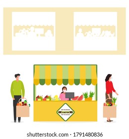 Vector illustration People Social distancing Market Selling vegetables, fruits, berries keep social distance New normal concept and physical distancing New behavior after COVID-19 coronavirus pandemic