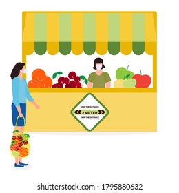 Vector illustration People Social distancing Market Selling vegetables, fruits, berries keep social distance New normal concept and physical distancing New behavior after COVID-19 coronavirus pandemic
