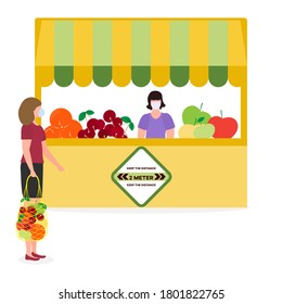 Vector illustration People Social distancing Market Selling vegetables, fruits, berries keep social distance New normal concept and physical distancing New behavior after COVID-19 coronavirus pandemic