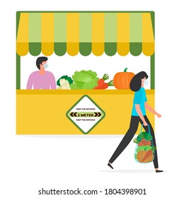 Vector illustration People Social distancing Market Selling vegetables, fruits, berries keep social distance New normal concept and physical distancing New behavior after COVID-19 coronavirus pandemic