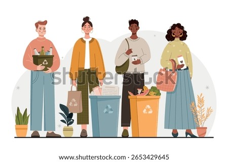 Vector illustration of people sorting waste into recycling bins. Characters separate trash into categories such as plastic, paper, glass, metal, and organic waste. Eco-friendly lifestyle, sustainabili