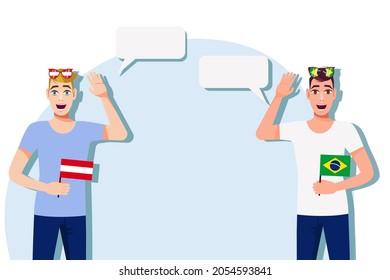 Vector illustration of people speaking the languages of Austria and  Brazil. Illustration of translation, transcription and dialogue between Austria and Brazil.