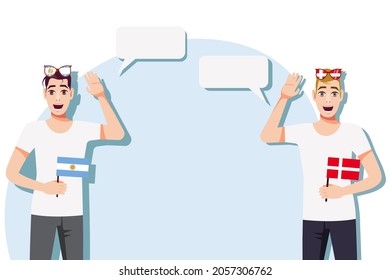 Vector illustration of people speaking the languages of Argentina and Denmark. Illustration of translation, transcription and dialogue between Argentina and Denmark.