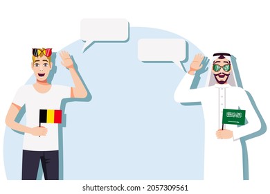Vector illustration of people speaking the languages of Belgium and Saudi Arabia. Illustration of translation, transcription and dialogue between Belgium and Saudi Arabia.