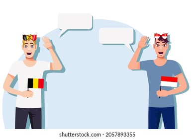 Vector illustration of people speaking the languages of Belgium and Indonesia. Illustration of translation, transcription and dialogue between Belgium and Indonesia.