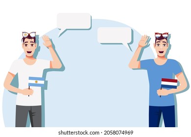 Vector illustration of people speaking the languages of Argentina and the Netherlands. Illustration of translation, transcription and dialogue between Argentina and the Netherlands.