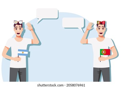 Vector illustration of people speaking the languages of Argentina and Portugal. Illustration of translation, transcription and dialogue between Argentina and Portugal.