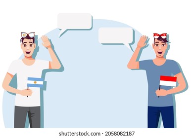 Vector illustration of people speaking the languages of Argentina and Indonesia. Illustration of translation, transcription and dialogue between Argentina and Indonesia.