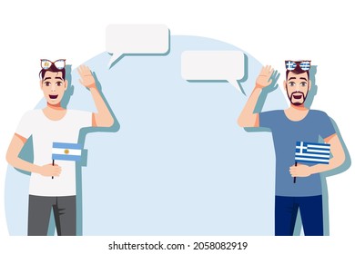 Vector illustration of people speaking the languages of Argentina and Greece. Illustration of translation, transcription and dialogue between Argentina and Greece.