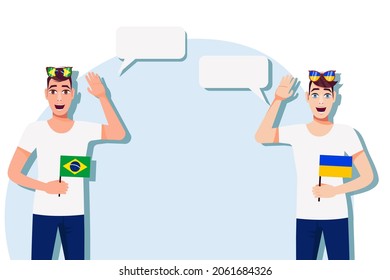 Vector illustration of people speaking the languages of Brazil and Ukraine. Illustration of translation, transcription and dialogue between Brazil and Ukraine.