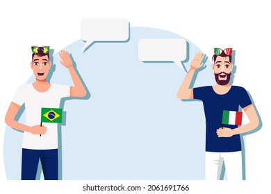 Vector illustration of people speaking the languages of Brazil and Italy. Illustration of translation, transcription and dialogue between Brazil and Italy.