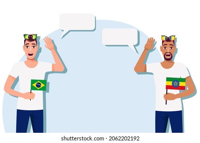 Vector illustration of people speaking the languages of Brazil and Ethiopia. Illustration of translation, transcription and dialogue between Brazil and Ethiopia.