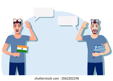 Vector illustration of people speaking the languages of India and Greece. Illustration of translation, transcription and dialogue between India and Greece.