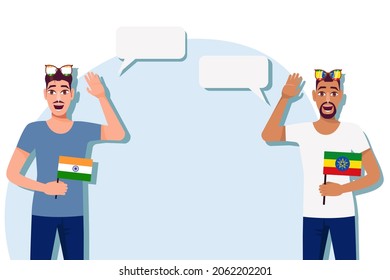 Vector illustration of people speaking the languages of India and Ethiopia. Illustration of translation, transcription and dialogue between India and Ethiopia.