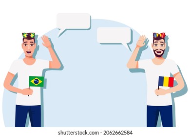 Vector illustration of people speaking the languages of Brazil and Romania. Illustration of translation, transcription and dialogue between Brazil and Romania.