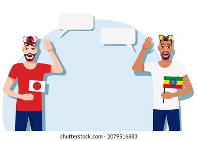 Vector illustration of people speaking the languages of Japan and Ethiopia. Illustration of translation, transcription and dialogue between Japan and Ethiopia.