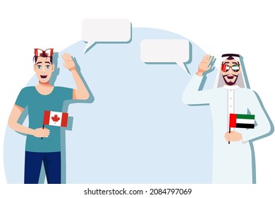 Vector illustration of people speaking the languages of Canada and the UAE. Illustration of translation, transcription and dialogue between Canada and the UAE.